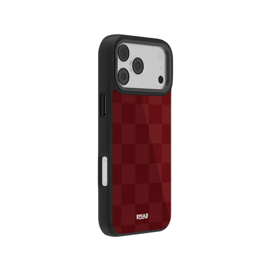Red checkered phone case for iPhone, sleek design with black trim, durable and stylish.