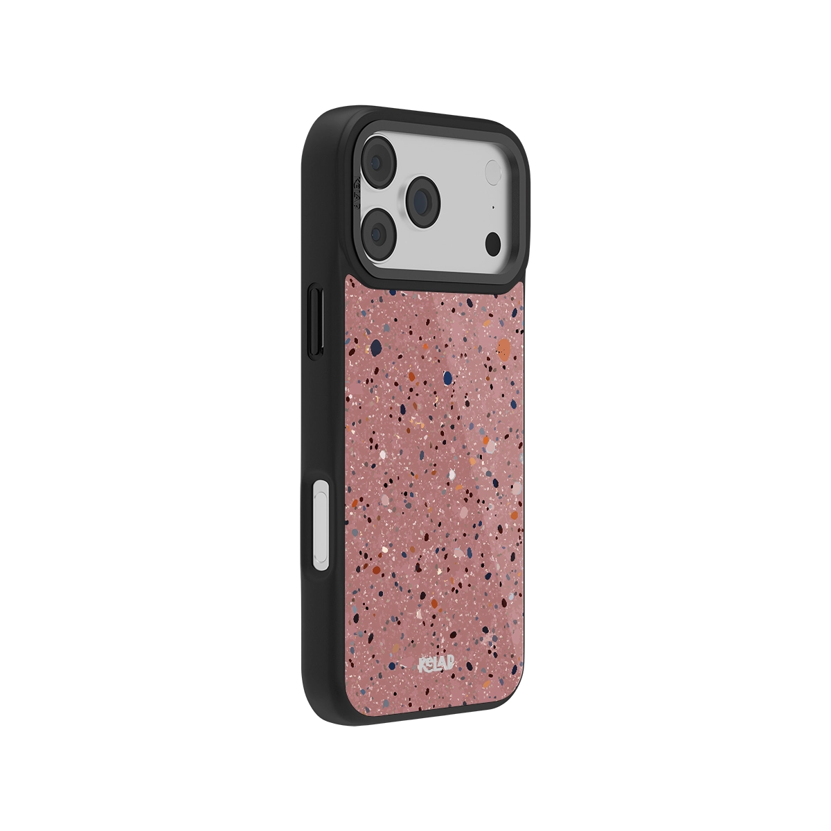 Pink terrazzo iPhone case with black edges, offering stylish protection for your device.
