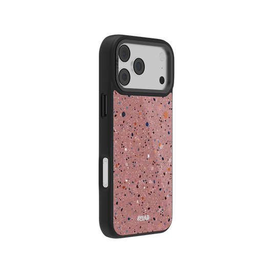 Pink terrazzo iPhone case with black edges, offering stylish protection for your device.