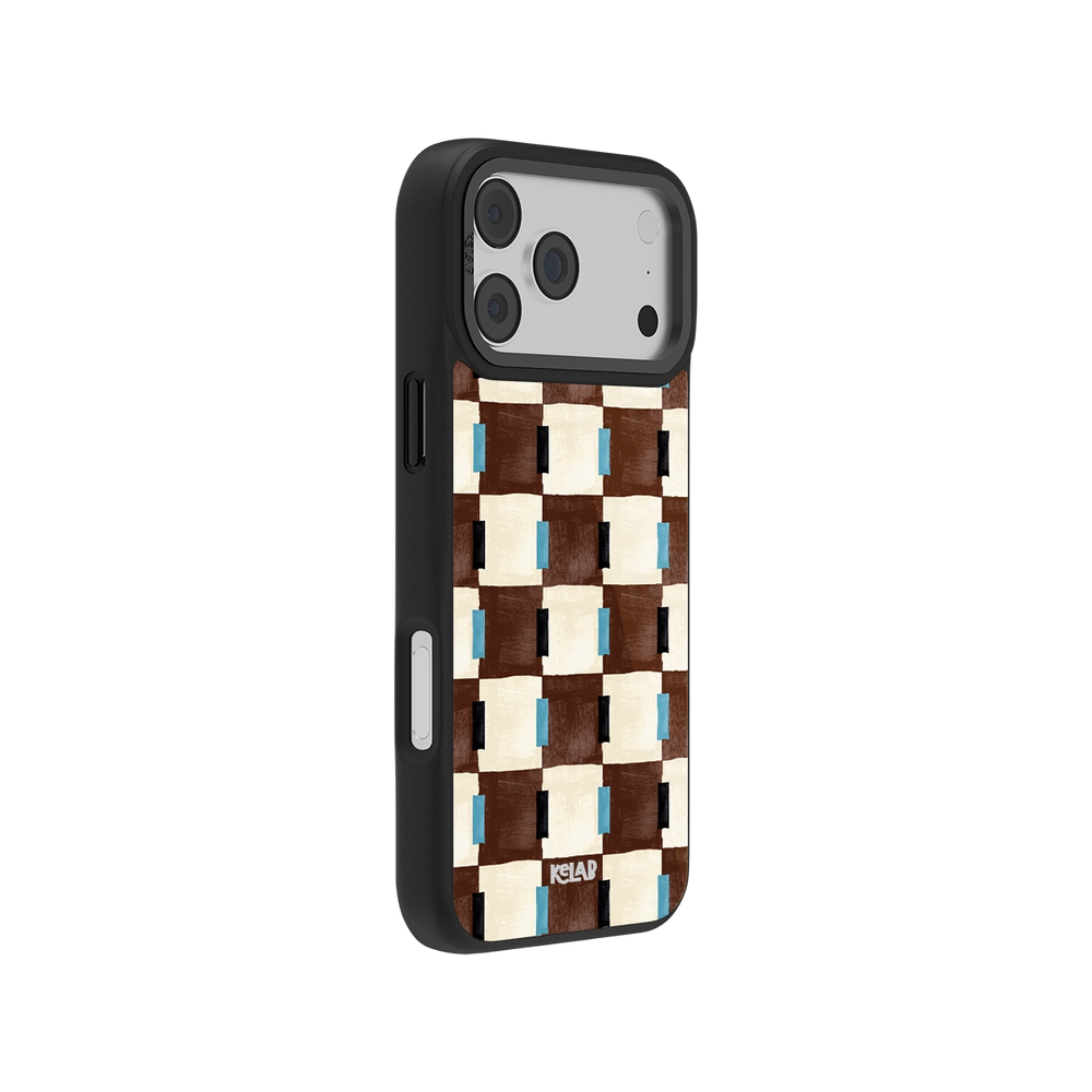 Stylish woven design iPhone case in brown, cream, and blue. Durable material with secure fit.