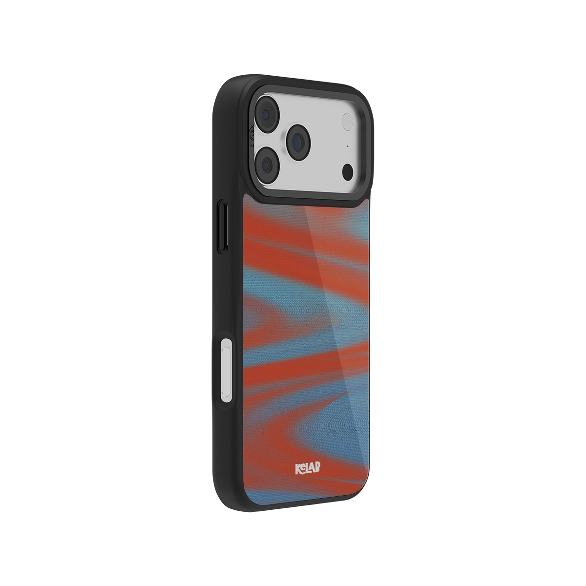 Black phone case with colorful red and blue swirl design, durable material for protection.