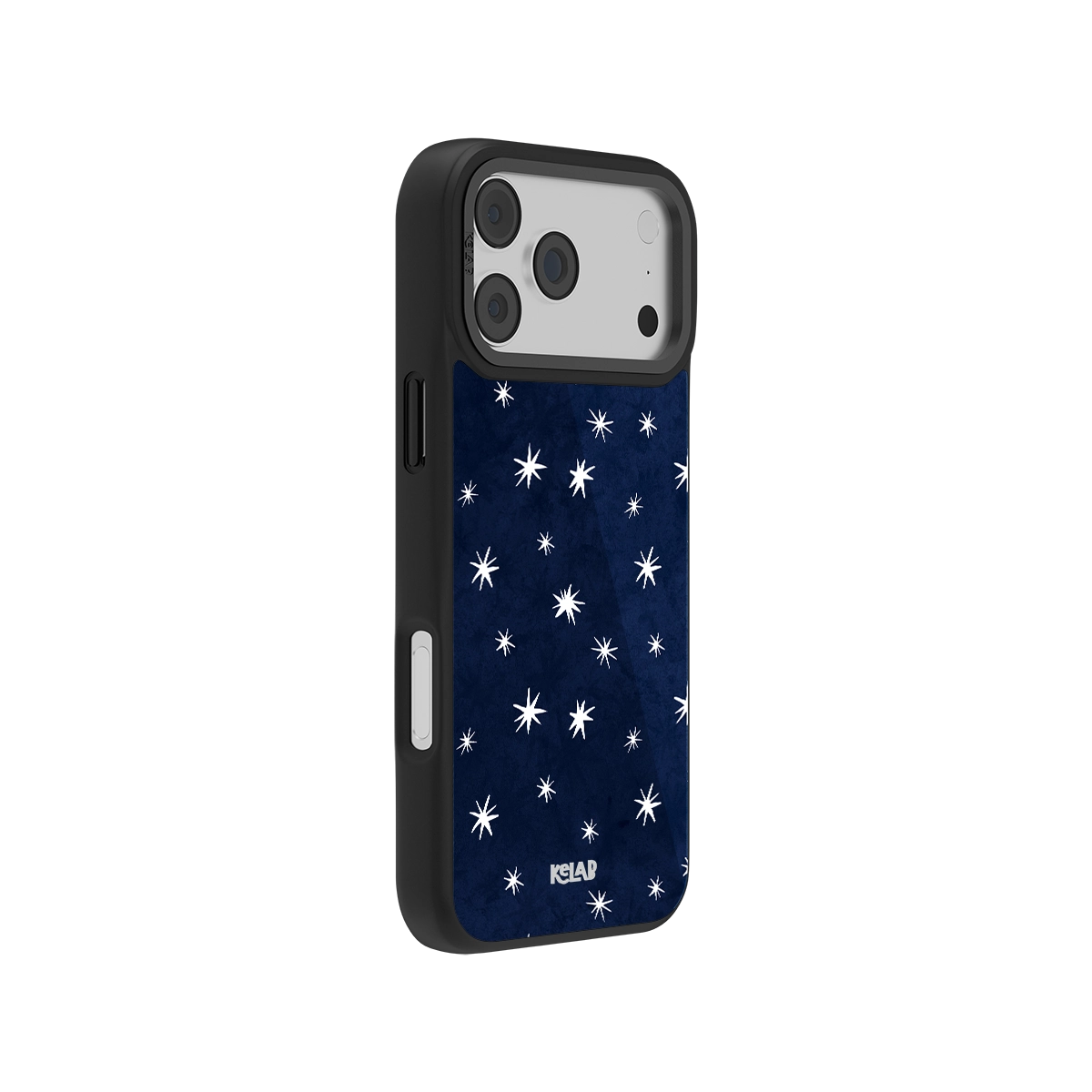 Navy star-patterned iPhone case with durable material and sleek black edges for stylish protection.