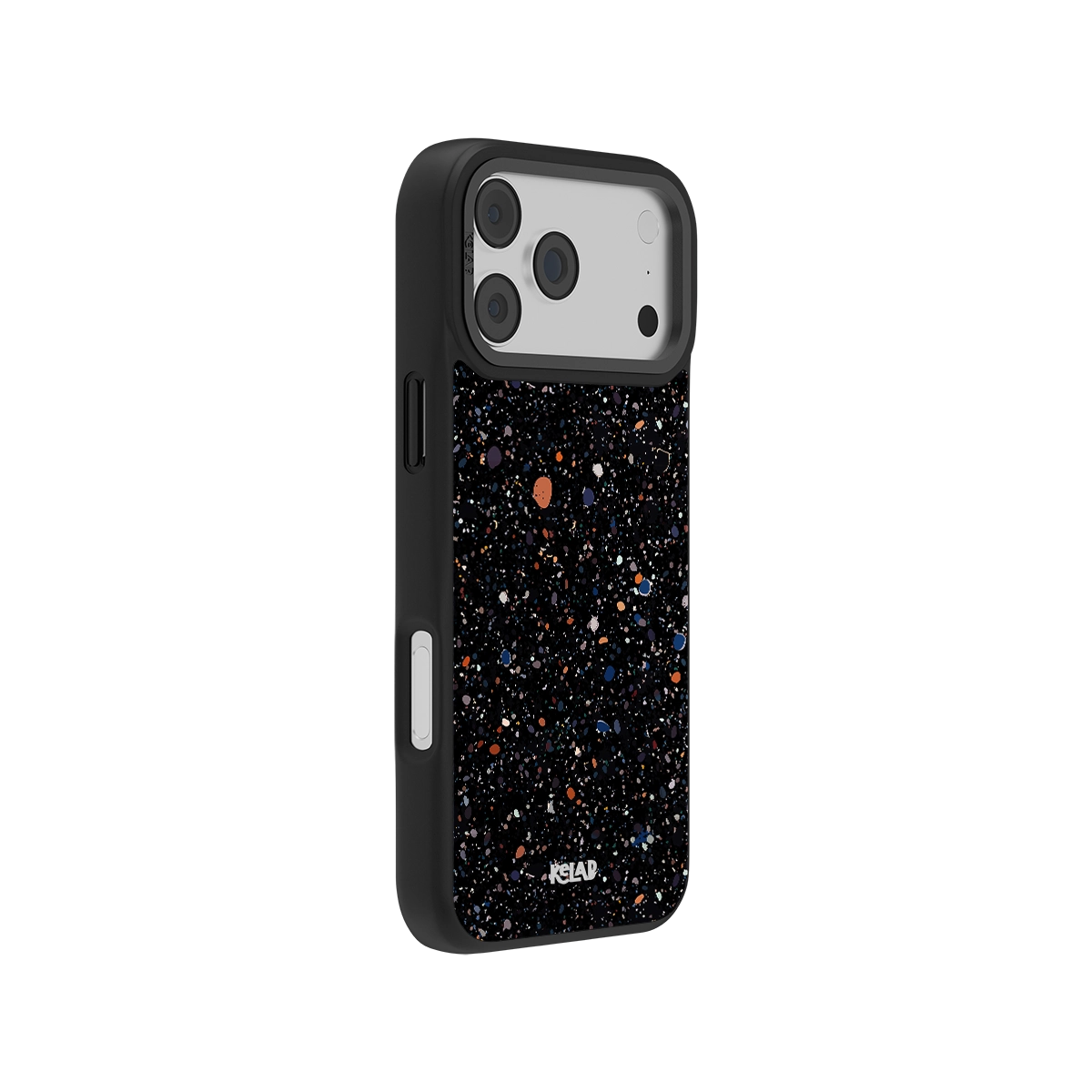 Black galaxy-themed phone case with sturdy material for protection and unique speckled design.