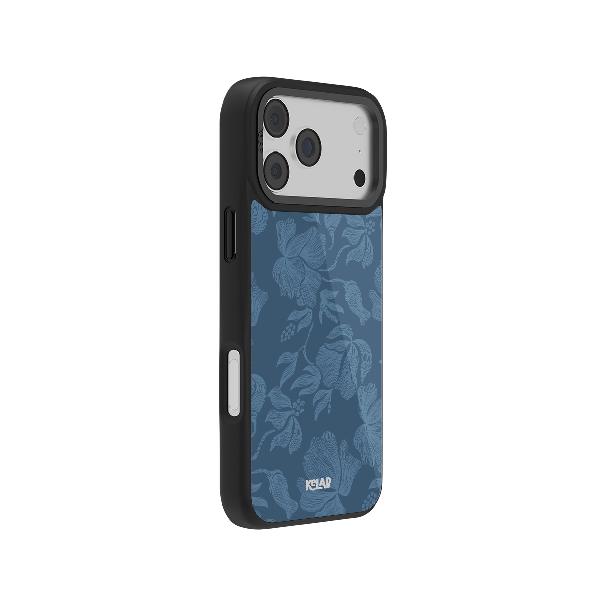 Blue floral-patterned iPhone case with black bumper, stylish and durable design.