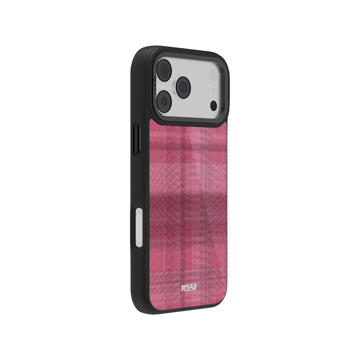 Stylish pink textured iPhone case with black edges, offering protection and a modern look.