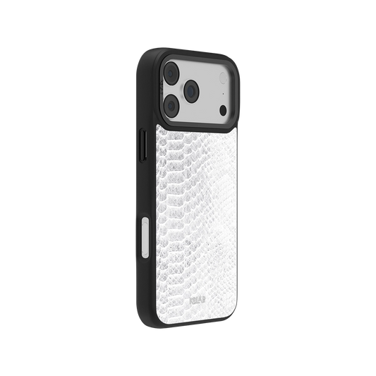 Black iPhone case with white snake pattern, durable material, stylish design for iPhone 13 compatibility.