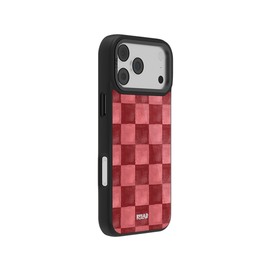 Red checkered iPhone case with MagSafe, black edges, anti-slip texture, and drop protection.