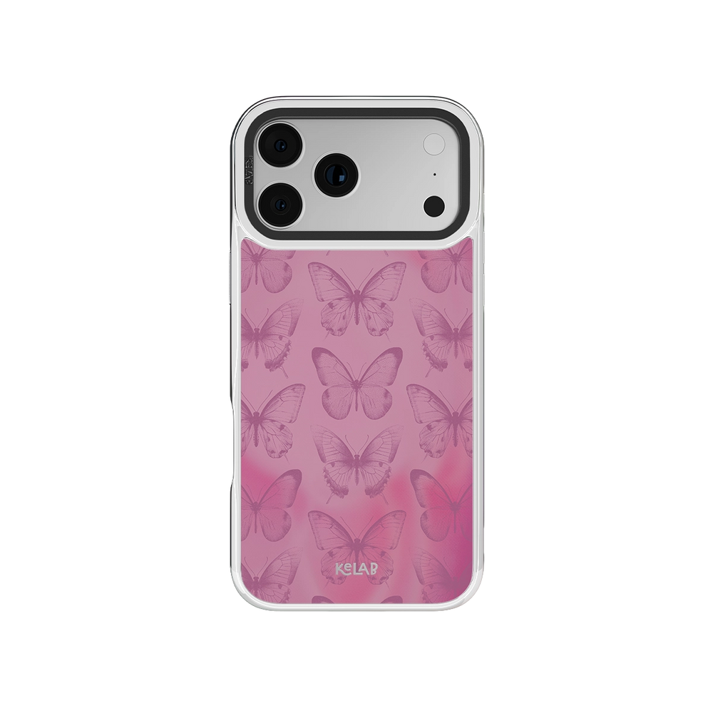 Pink butterfly-patterned iPhone Case made of TPU with a chrome silver edge for iPhone 14 Pro Max