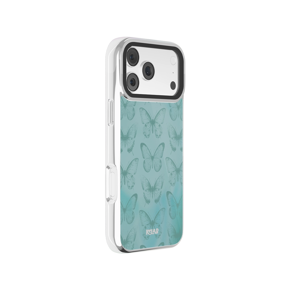 Iridescent green iPhone Case with a botanical butterfly design and chrome silver frame