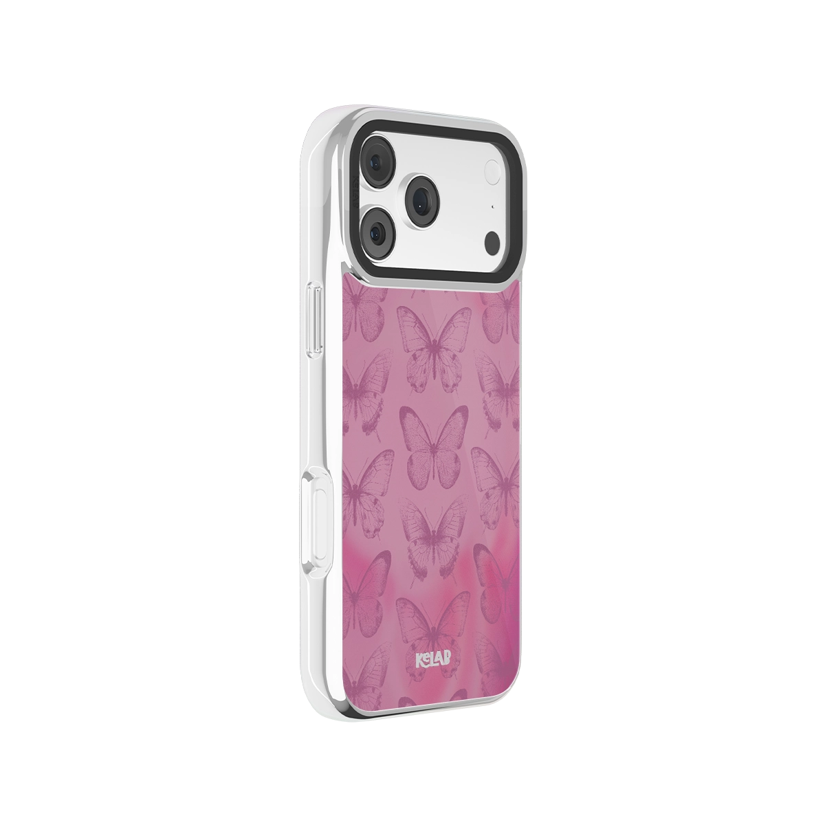 Botanical iPhone Case in iridescent pink with butterfly design for iPhone 14 Pro Max