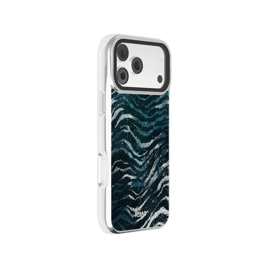 Floral botanical iPhone Case in iridescent green with chrome silver accents for iPhone 17 models