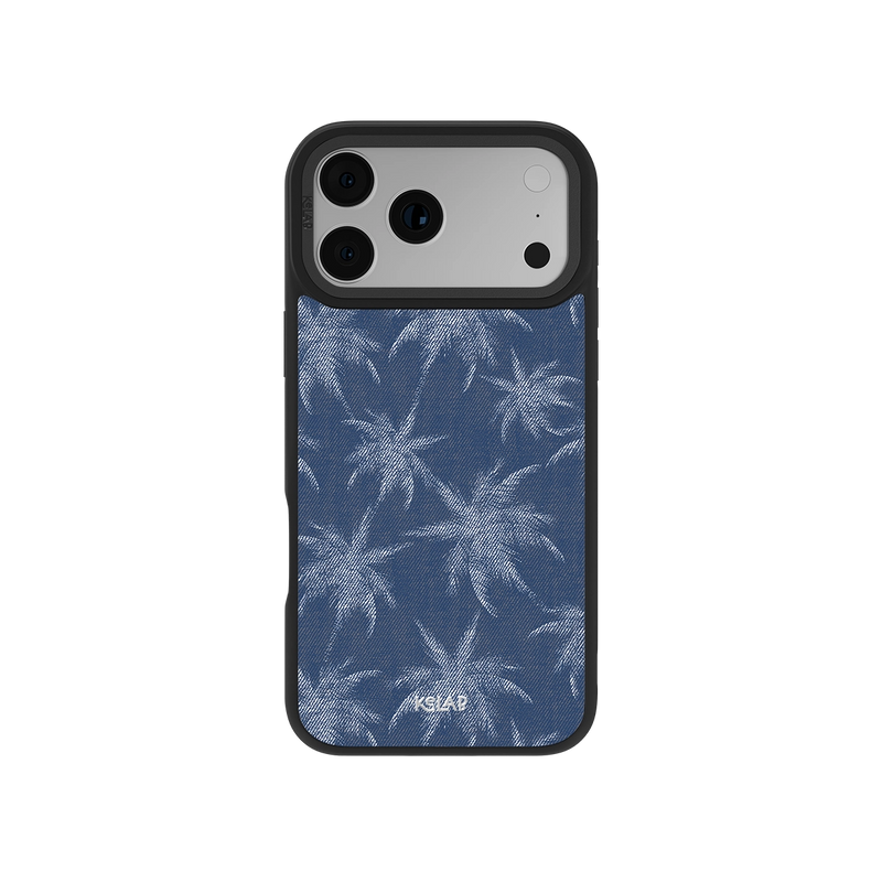 Denim Tree Patterned Phone Case inspired by Jeans | KELAB features a blue denim texture with white palm tree prints, designed for iPhone models 11 to 16.