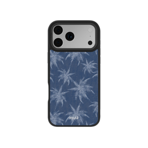 Denim Tree Patterned Phone Case inspired by Jeans | KELAB features a blue denim texture with white palm tree prints, designed for iPhone models 11 to 16.