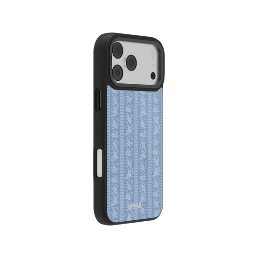 Botanical design iPhone Case in chrome silver with iridescent blue floral pattern