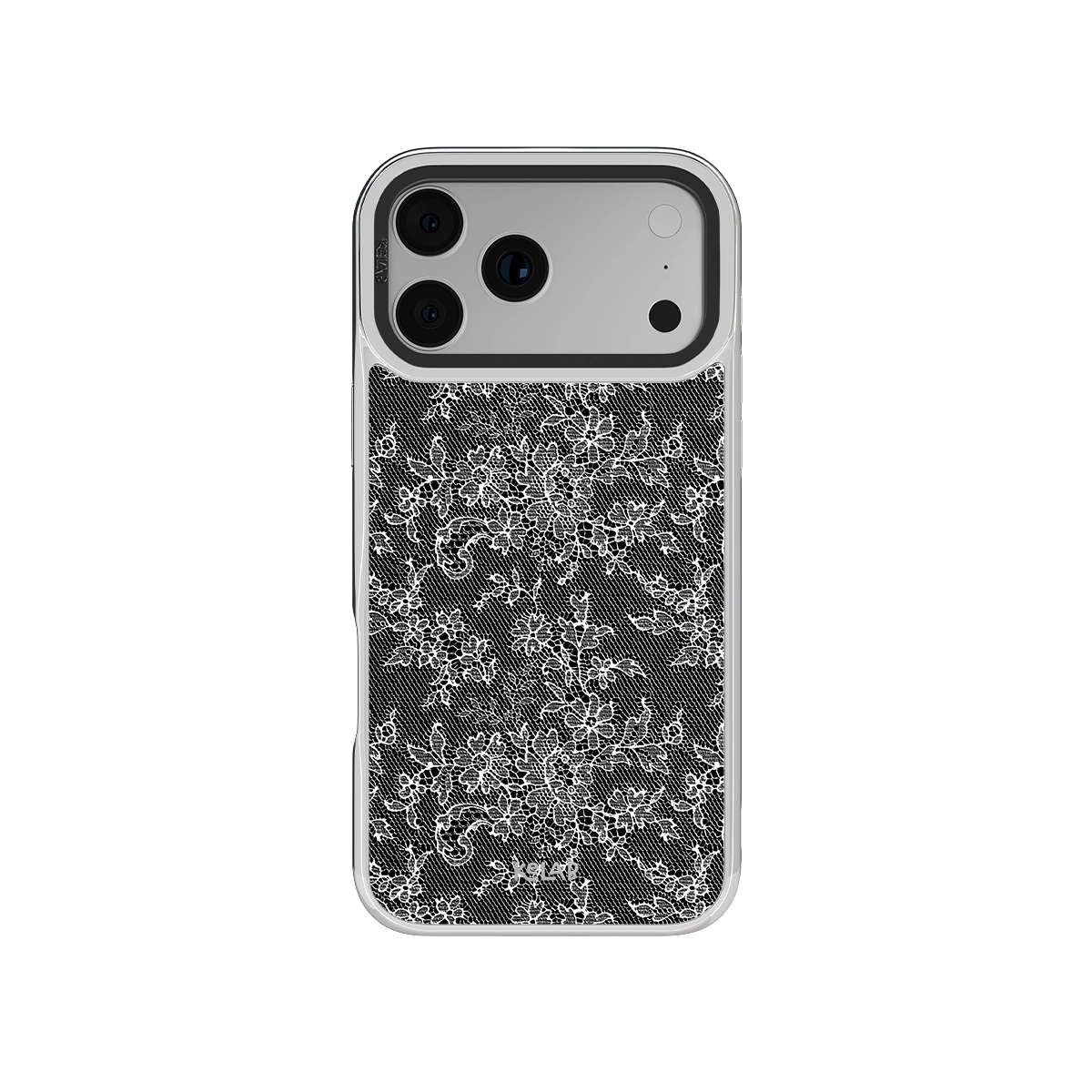 Black floral iPhone Case made from TPU material with a chrome silver border for iPhone 17 models