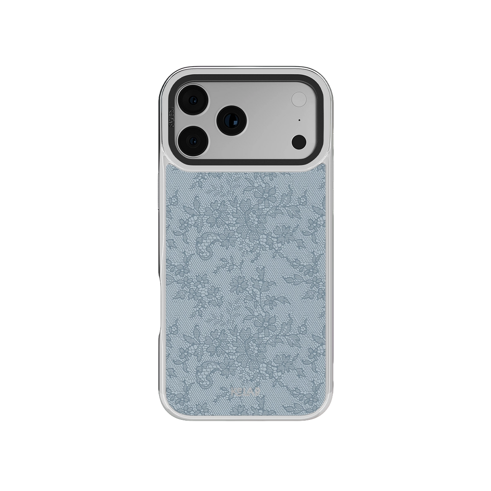 Botanical design iPhone Case in iridescent green with floral pattern on a chrome silver background
