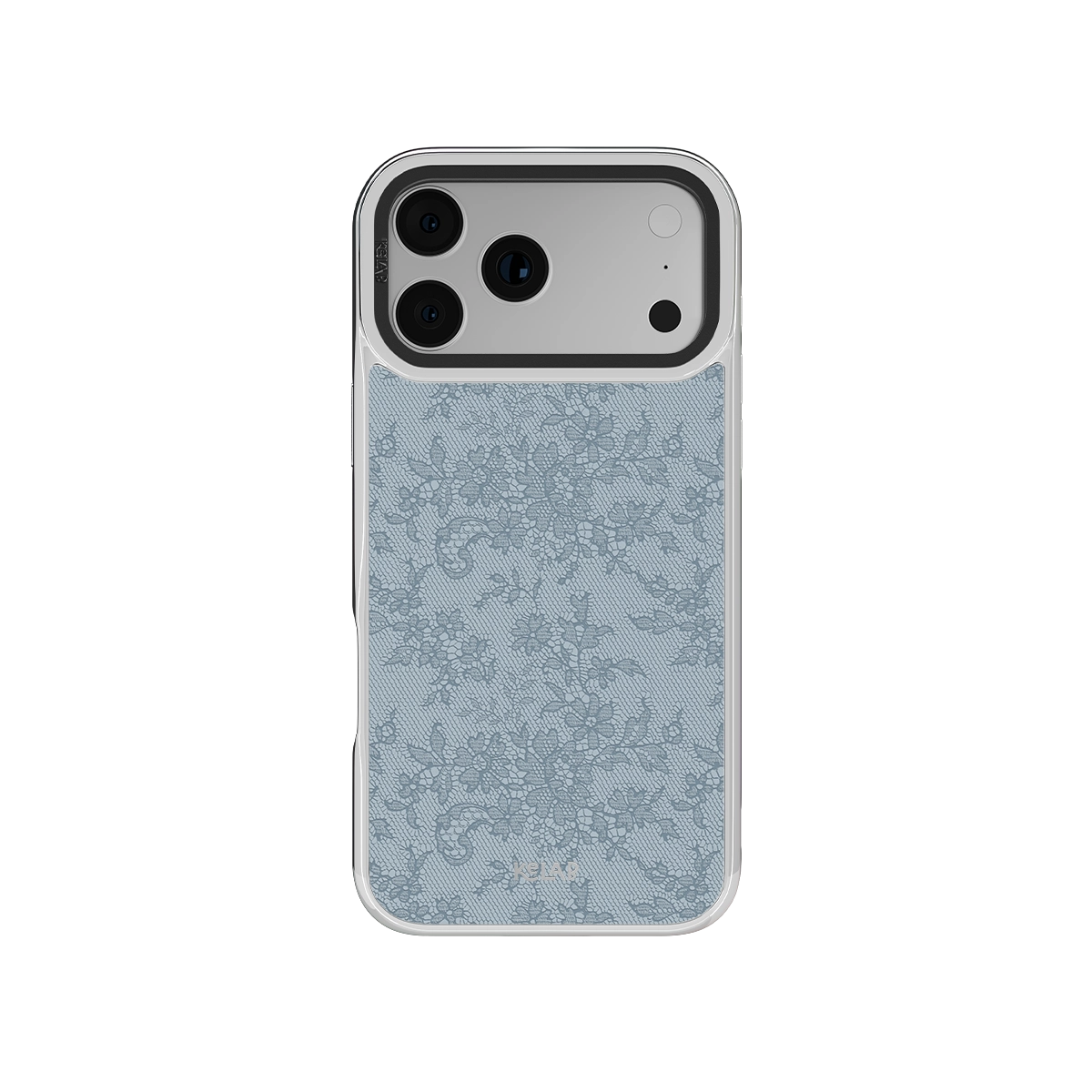 Botanical design iPhone Case in iridescent green with floral pattern on a chrome silver background