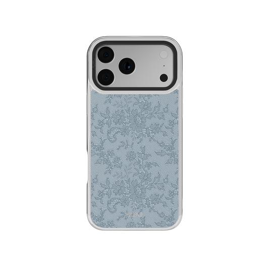 Botanical design iPhone Case in iridescent green with floral pattern on a chrome silver background