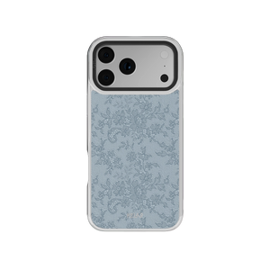 Botanical design iPhone Case in iridescent green with floral pattern on a chrome silver background