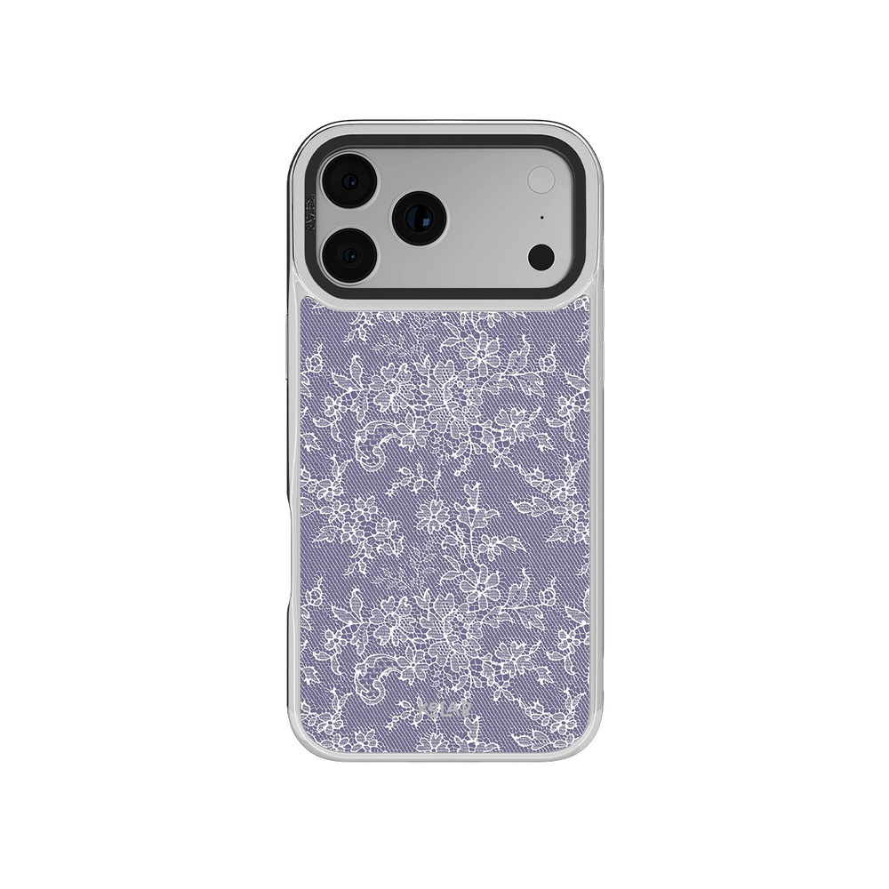Botanical iPhone Case in iridescent purple with floral design and chrome silver edges