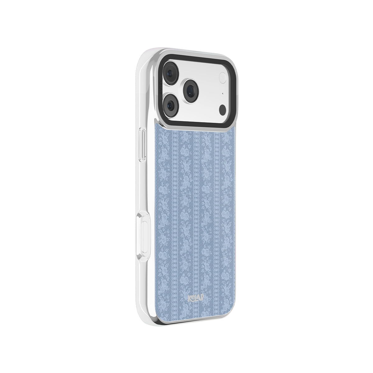 Chrome silver iPhone Case with botanical blue pattern for iPhone 14 Pro Max and 14 Pro