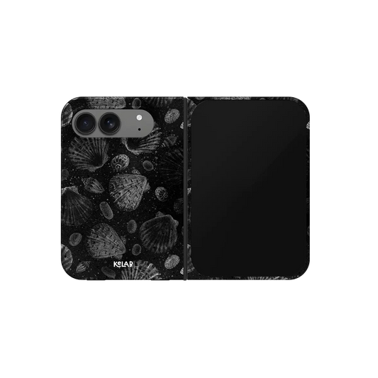 Black Seashell, Dark Coastal iPhone 18 Fold Case, unfolded front view