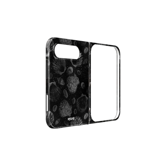 Black Seashell, Dark Coastal iPhone 18 Fold Case, unfolded side view showing the hinge