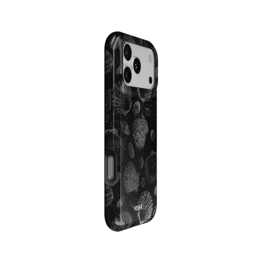 Black Seashell iPhone Case, side angle view showing precise button cutouts and wraparound edge
