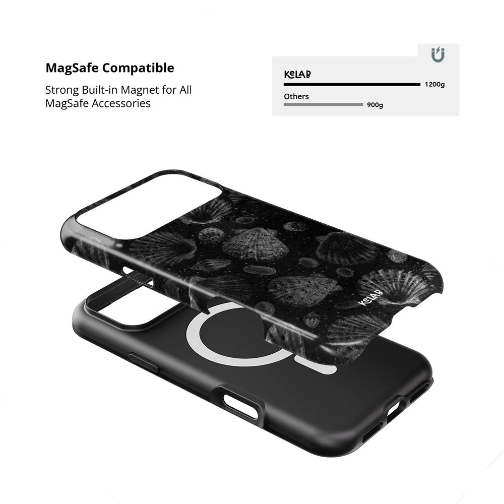 Black Seashell iPhone Case, MagSafe compatible with built-in magnet strength