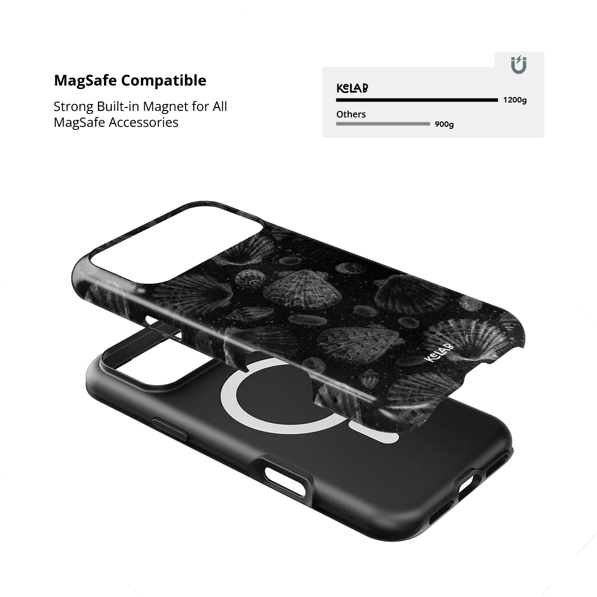 Black Seashell iPhone Case, MagSafe compatible with built-in magnet strength