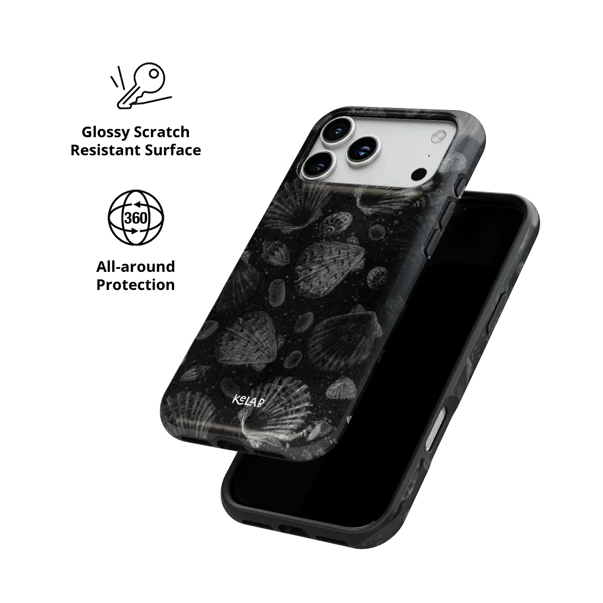 Black Seashell iPhone Case, scratch-resistant all-around protection detail