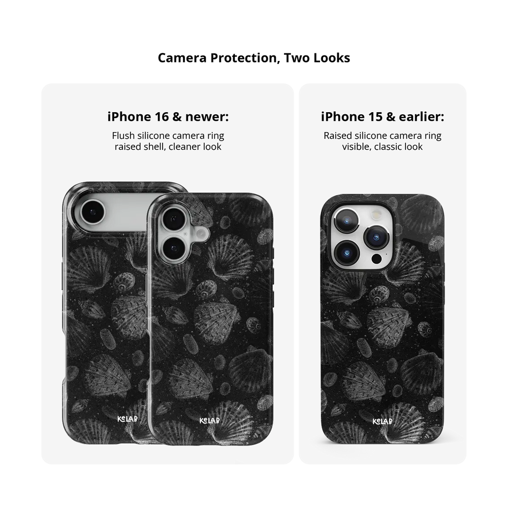 Black Seashell iPhone Case, camera protection and iPhone model size comparison