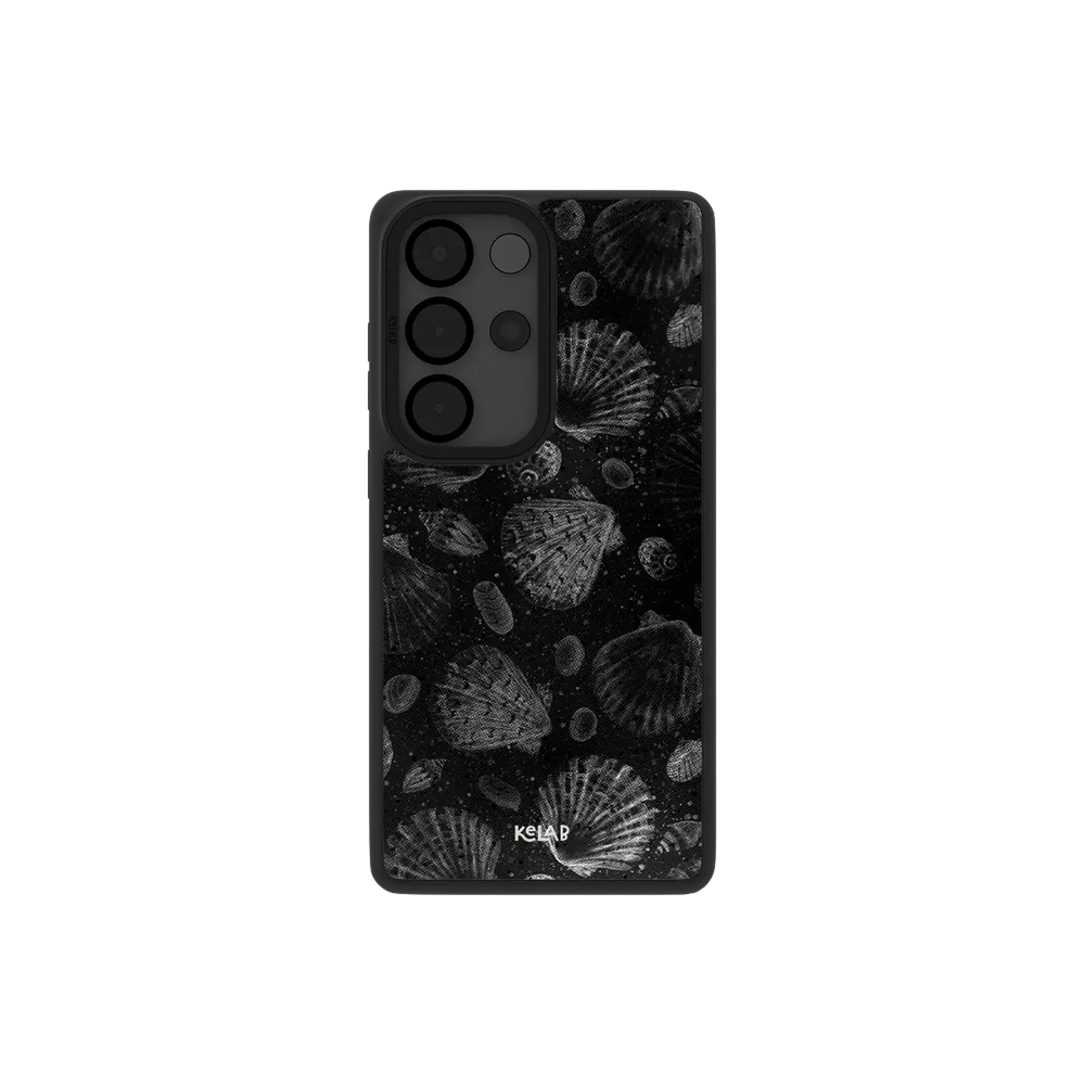 Black seashell print Samsung Galaxy case, back view with white watercolor shells around the camera cutout