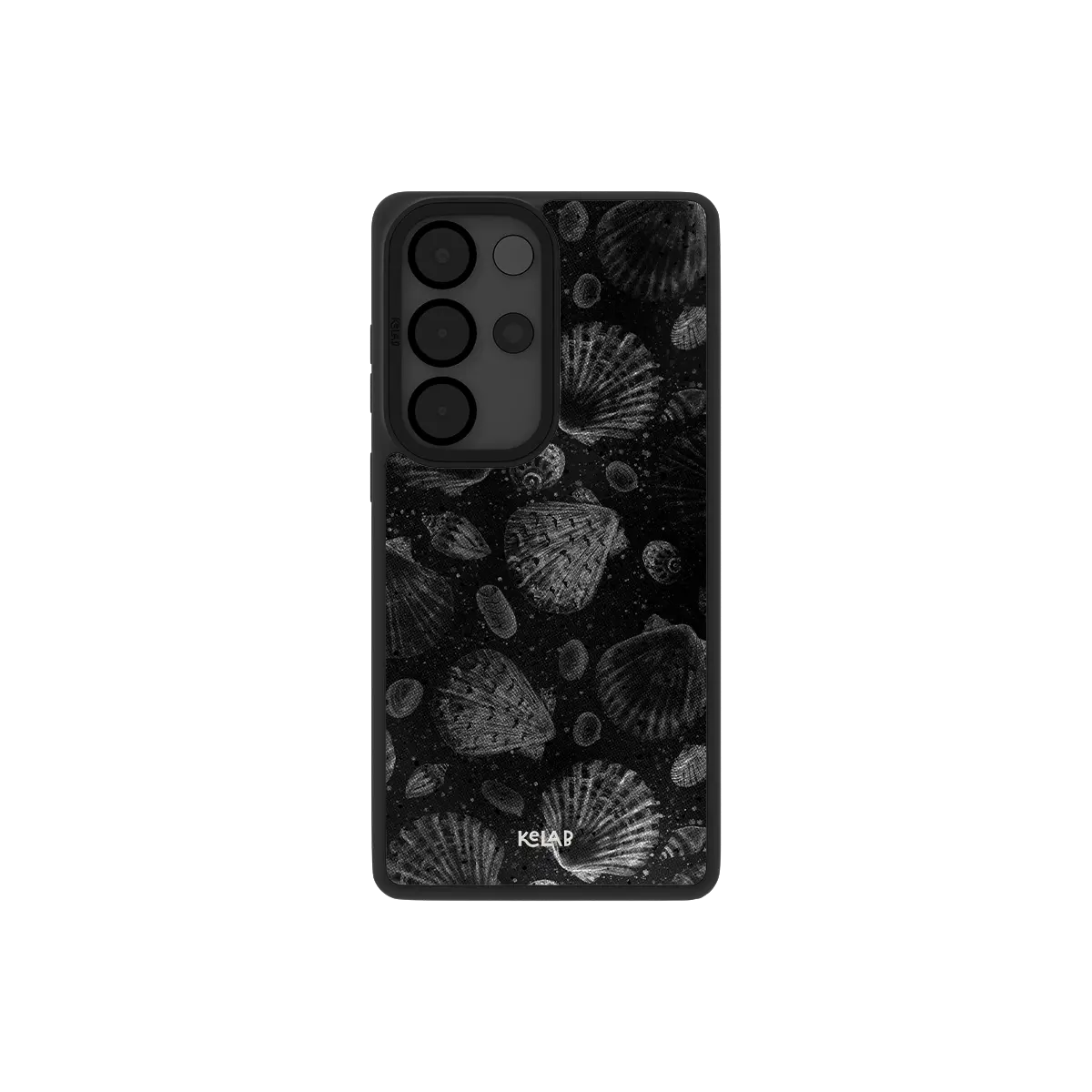 Black seashell print Samsung Galaxy case, back view with white watercolor shells around the camera cutout