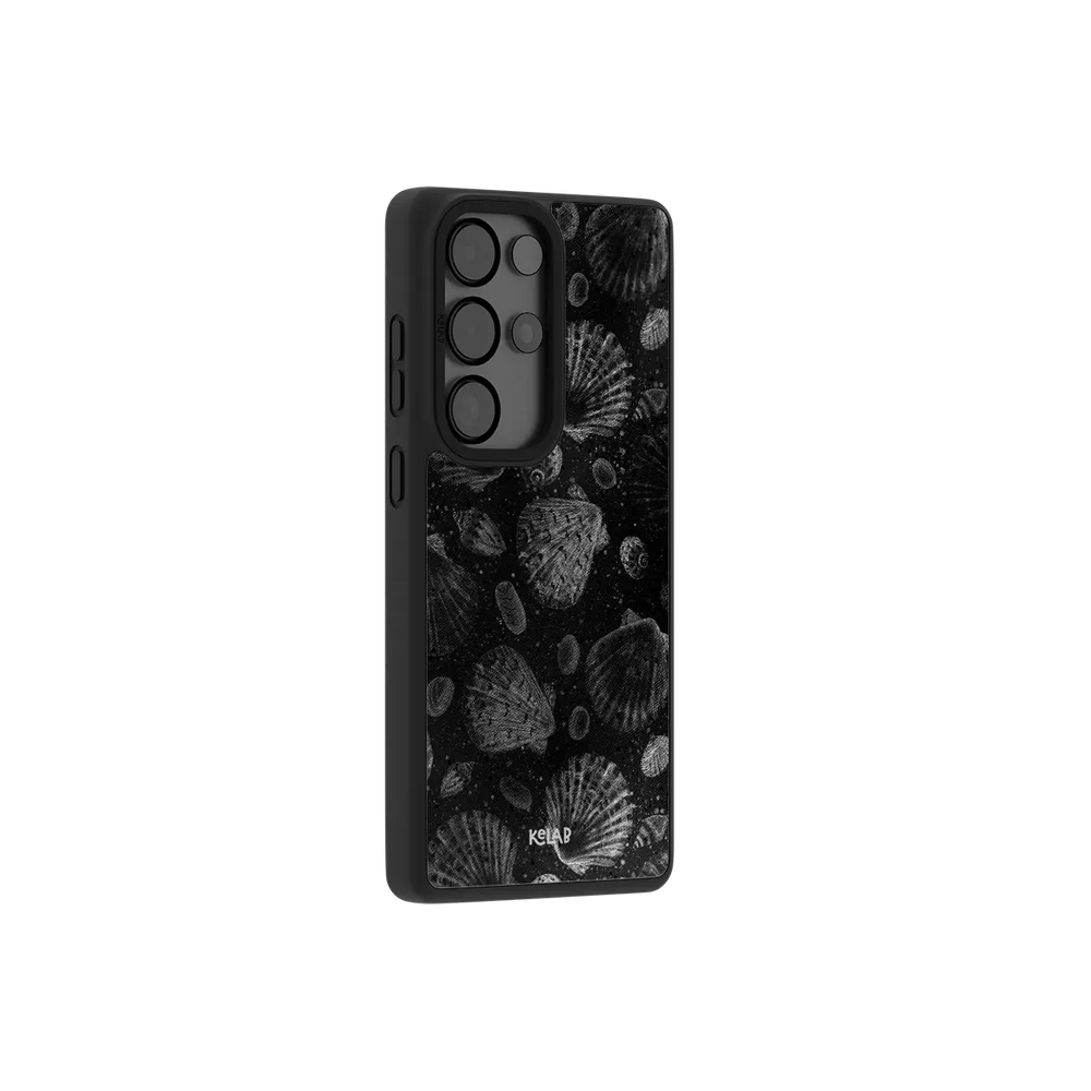 Black seashell Samsung Galaxy case at a side angle showing the wrapped button covers