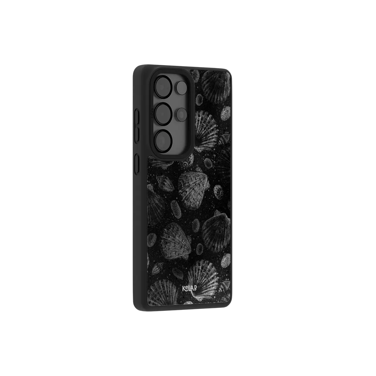 Black seashell Samsung Galaxy case at a side angle showing the wrapped button covers