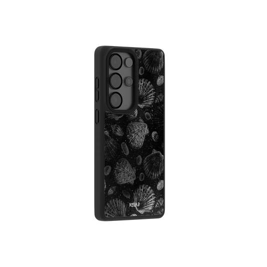 Black seashell Samsung Galaxy case at a side angle showing the wrapped button covers