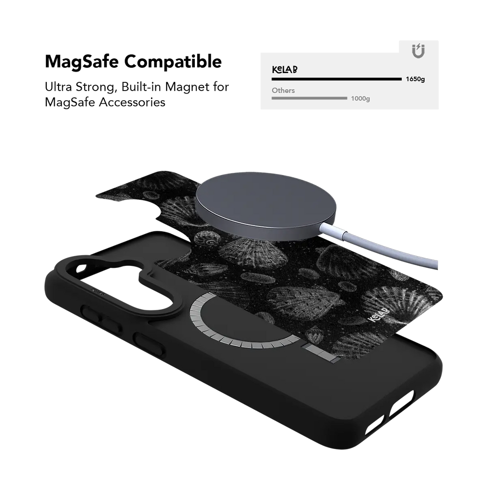 Black seashell Samsung Galaxy case holding a magnetic wireless charger through the built in ring