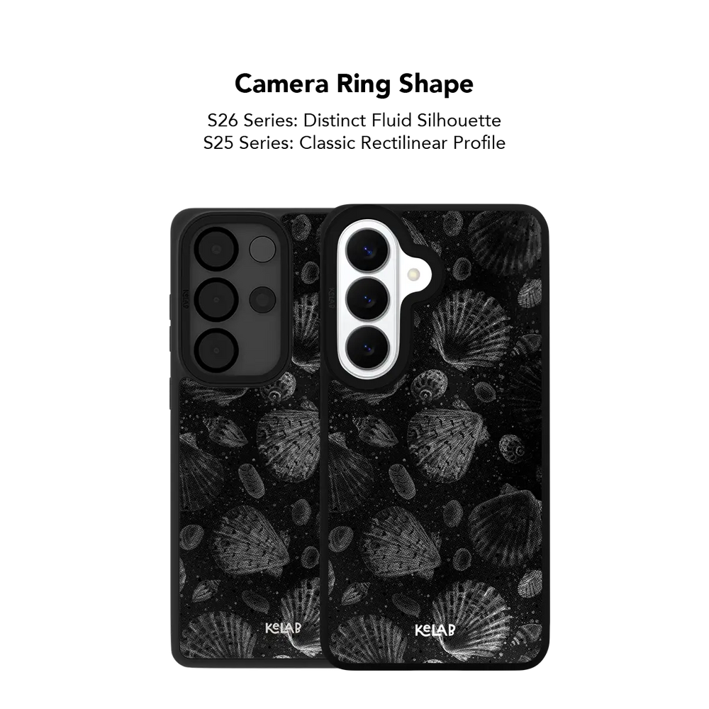 Close up of the camera ring cutout on the black seashell print Samsung Galaxy case