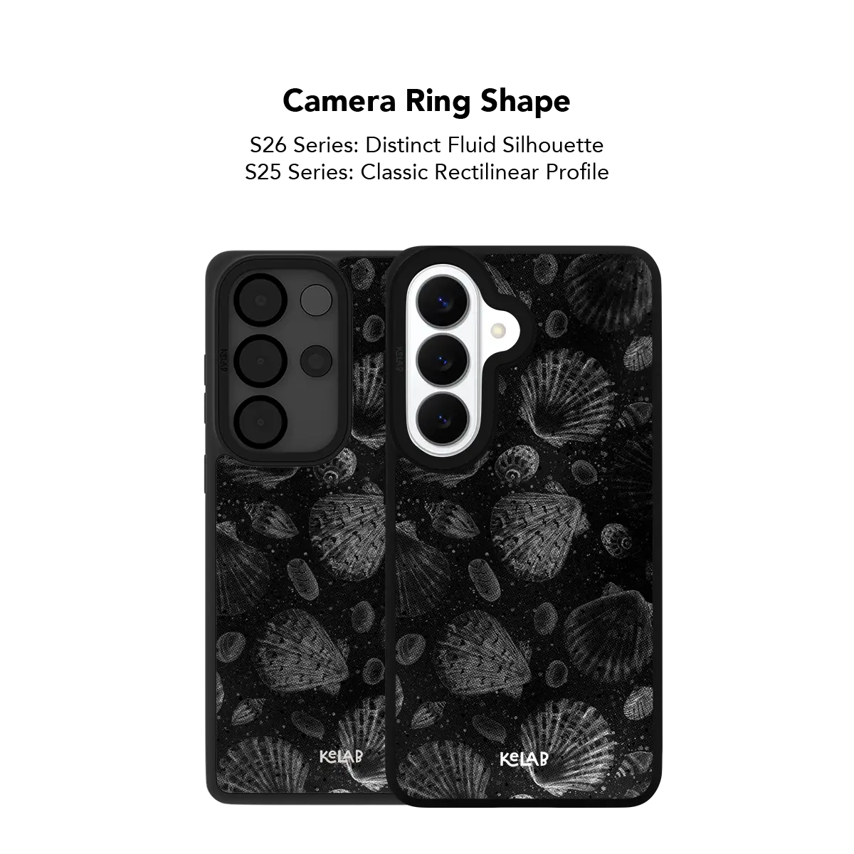 Close up of the camera ring cutout on the black seashell print Samsung Galaxy case