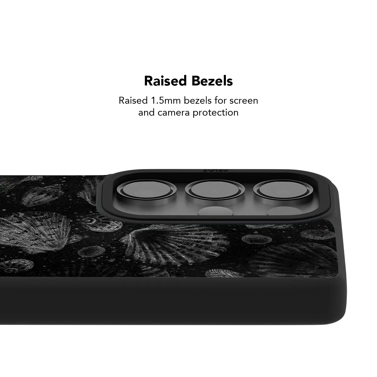 Raised bezel on the black seashell Galaxy case lifting the camera lenses clear of a flat surface
