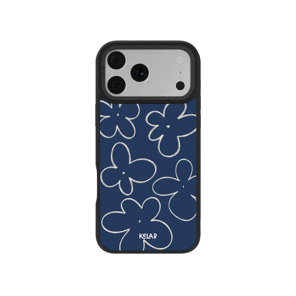Floral blue KELAB iPhone Case with white line flowers and raised black phone edges