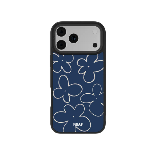 Floral blue KELAB iPhone Case with white line flowers and raised black phone edges