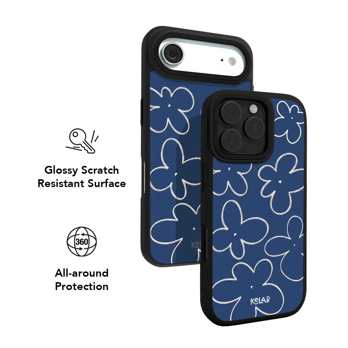 Blue KELAB iPhone Case with floral pattern, black bumper, raised camera edges on back