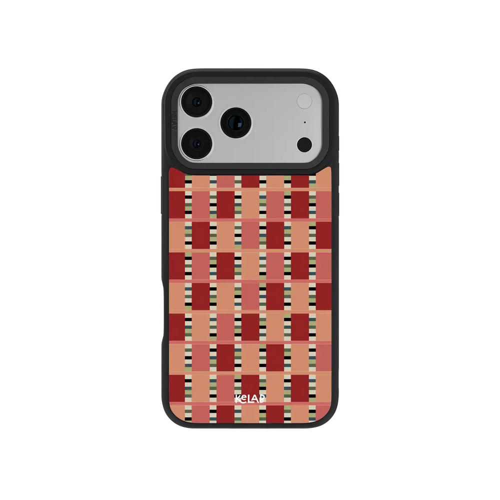 KELAB iPhone Case red and beige checkered polycarbonate shell with glossy finish and MagSafe