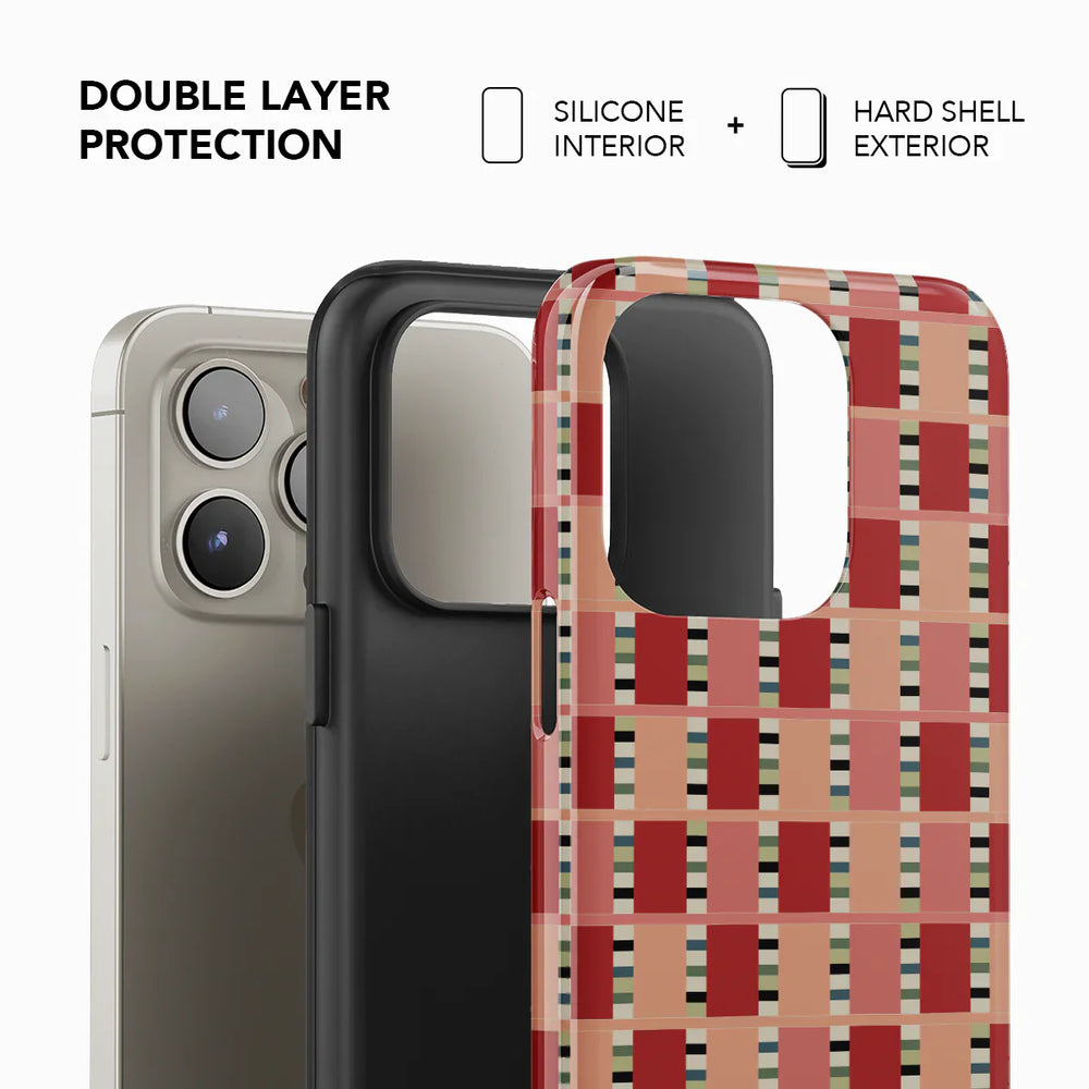 Phone case with checkered pattern and text about double layer protection