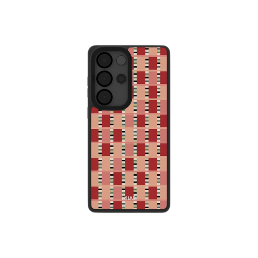 Red and pink checkered Samsung Galaxy case, back view with a hand drawn retro grid around the camera cutout
