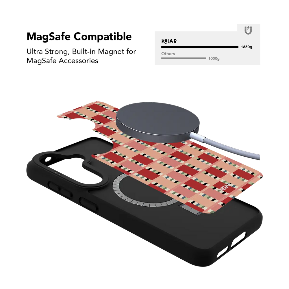 Red and pink checkered Samsung Galaxy case holding a magnetic wireless charger through the built in ring
