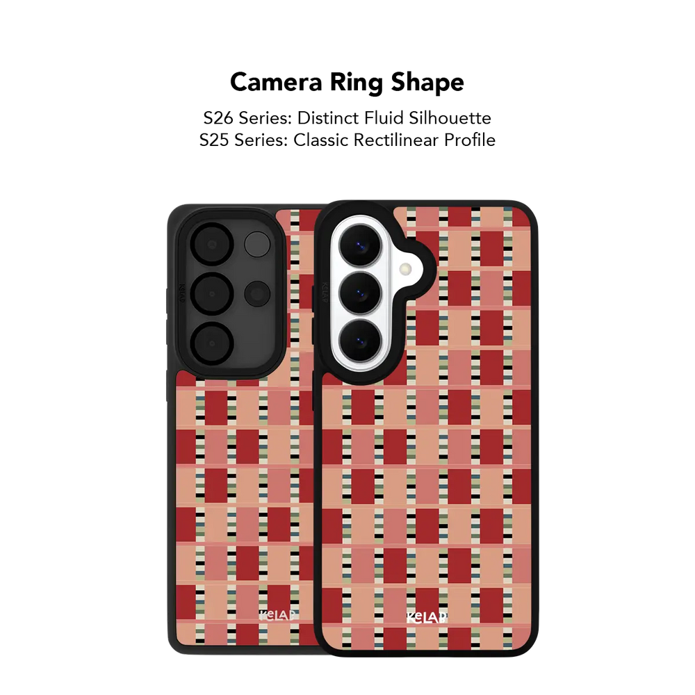 Close up of the camera ring cutout on the red and pink checkered Samsung Galaxy case
