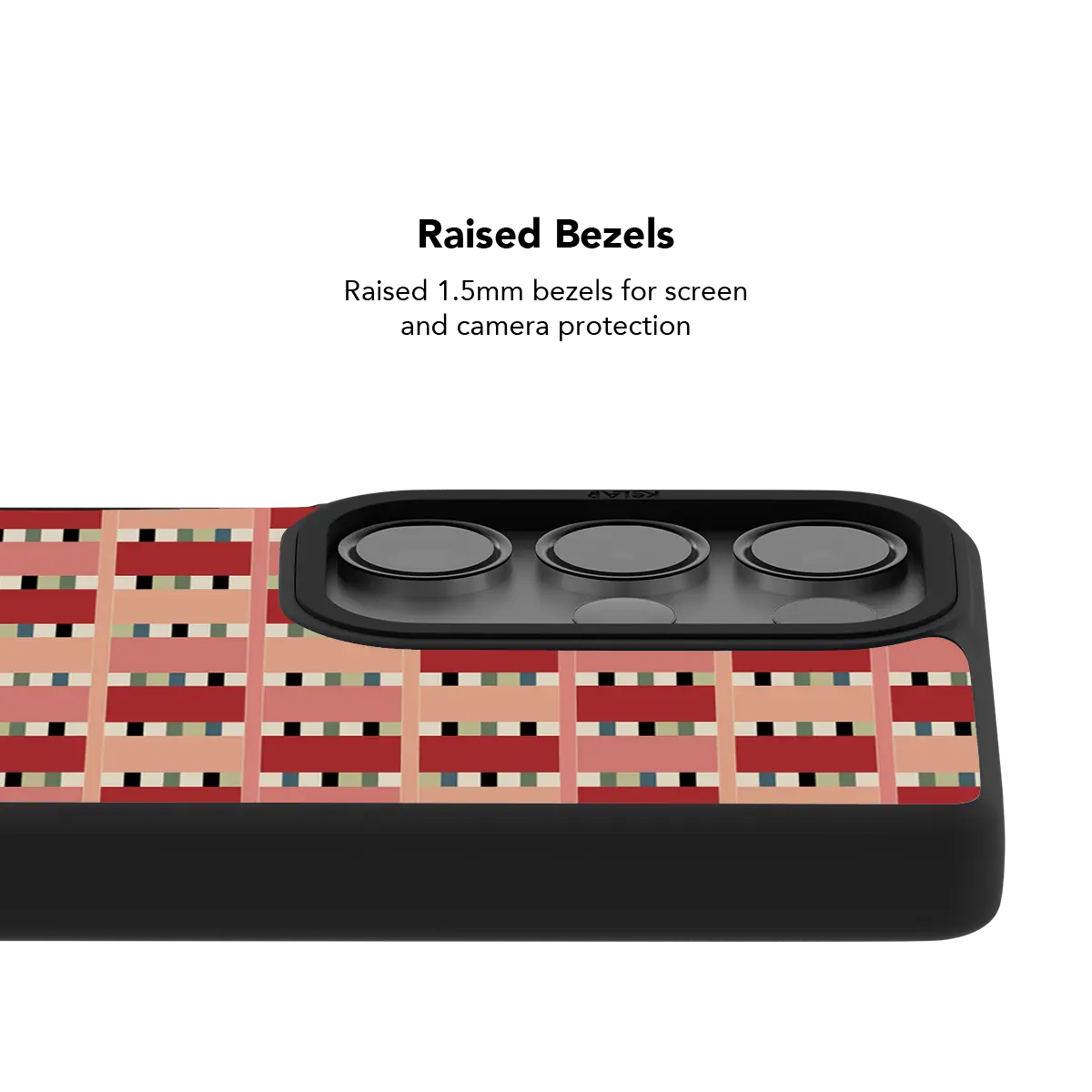 Raised bezel on the red pink checkered Galaxy case lifting the camera lenses clear of a flat surface
